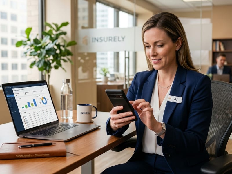 Professional sales agent using cell phone CRM app to manage leads and follow-ups