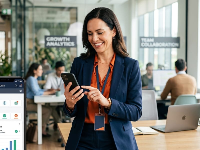 Sales agent using cell phone CRM to manage leads and SMS blast campaigns on Tele-Blast