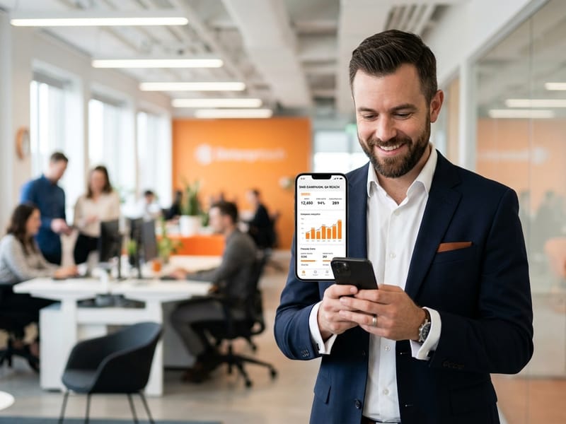 Sales manager reviewing SMS blast campaign results on smartphone using Tele-Blast CRM