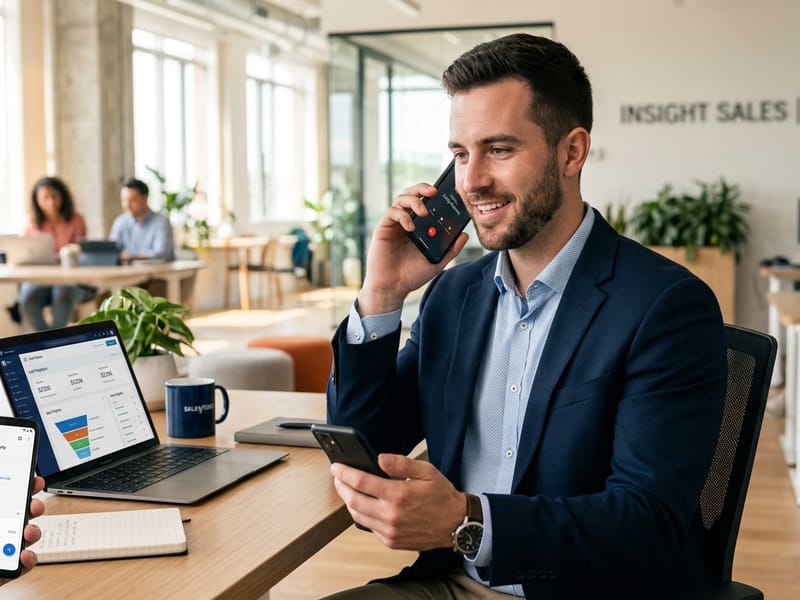 Professional sales representative using mobile CRM on smartphone for power dialer and lead pipeline management